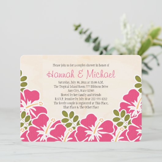 Fuchsia Hibiskus Tropische Dusche für Paare Einladung (Stehend Vorderseite)