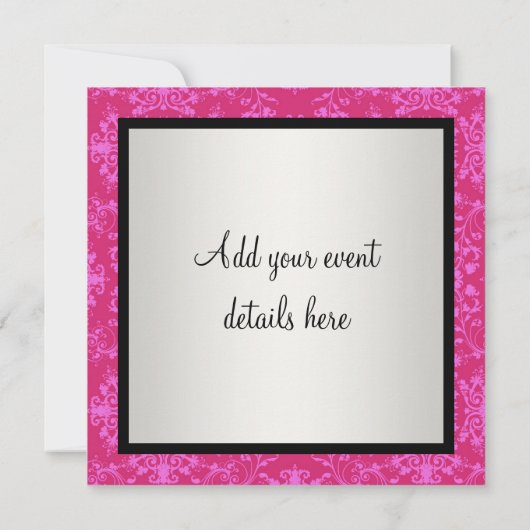 Fuchsia Hot Pink Black Damask Party Einladung (Rückseite)