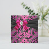 Fuchsia Hot Pink Black Damask Party Einladung (Stehend Vorderseite)