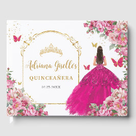 Fuchsia Hot Pink Blumenprinzessin Gold Quinceañera Gästebuch