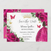 Fuchsia Hot Pink Blumenprinzessin Gold Quinceañera Save The Date (Vorne/Hinten)