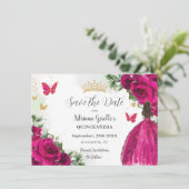 Fuchsia Hot Pink Blumenprinzessin Gold Quinceañera Save The Date (Stehend Vorderseite)