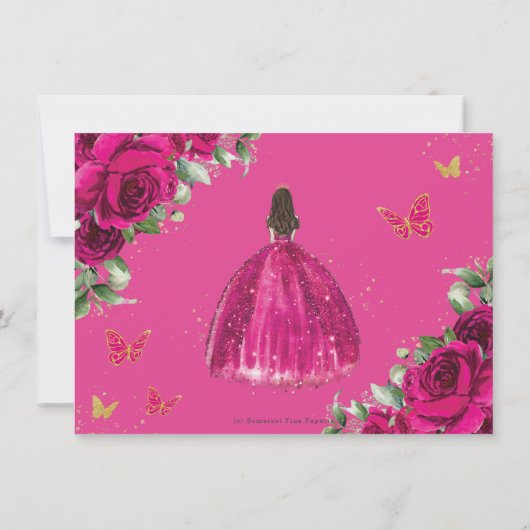 Fuchsia Hot Pink Blumenprinzessin Gold Quinceañera Save The Date (Rückseite)