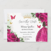 Fuchsia Hot Pink Blumenprinzessin Gold Quinceañera Save The Date (Vorderseite)