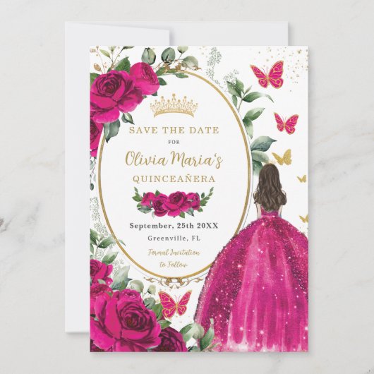 Fuchsia Hot Pink Blütendruckerin Quinceañera Save The Date (Vorderseite)