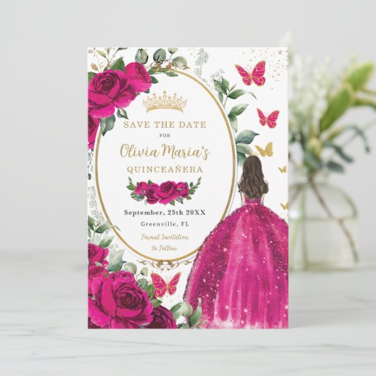 Fuchsia Hot Pink Blütendruckerin Quinceañera Save The Date (Stehend Vorderseite)