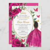 Fuchsia Hot Pink Floral Brocess Prinzessin Quincea Einladung (Vorne/Hinten)
