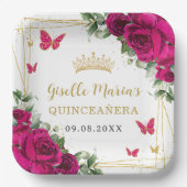Fuchsia Hot Pink Floral Butterfisch Quinceañera Pappteller (Vorderseite)