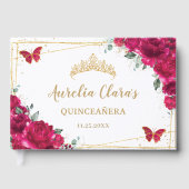 Fuchsia Hot Pink Floral Butterfliegen QUINCEAÑERA Gästebuch (Vorderseite)