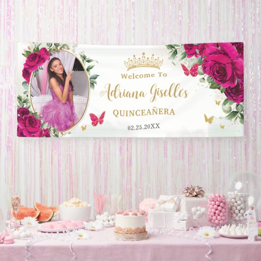 Fuchsia Hot Pink Rose Blumenkohle Foto Banner (Party)
