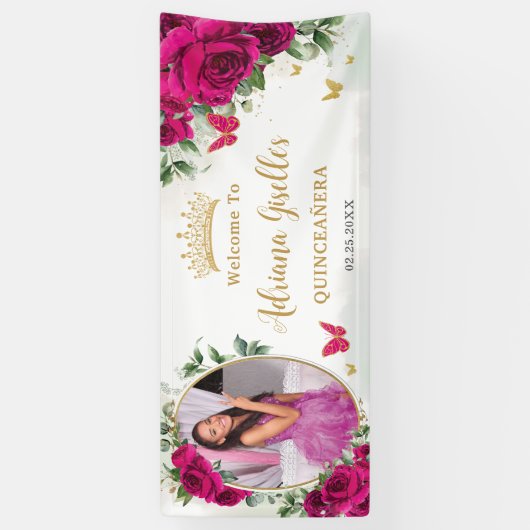 Fuchsia Hot Pink Rose Blumenkohle Foto Banner (Vertikal)