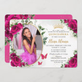 Fuchsia Hot Pink Rose Blumenkohle Foto Einladung (Vorne/Hinten)
