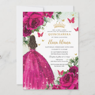 Fuchsia Hot Pink Rose Floral Quinceñera Sweet 16 Einladung