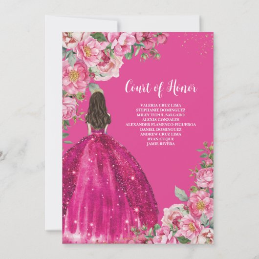 Fuchsia Hot Pink Rose Floral Quinceñera Sweet 16 Einladung (Rückseite)