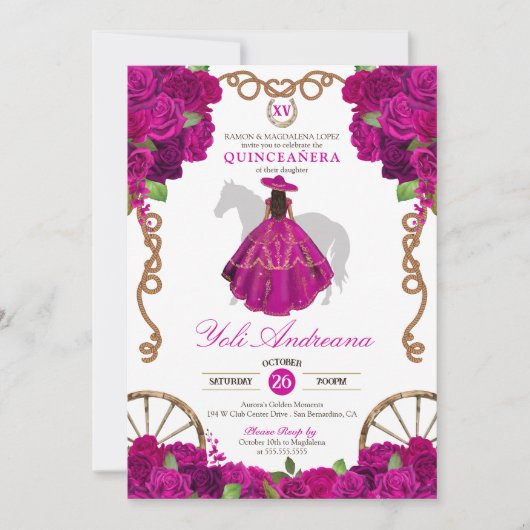 Fuchsia Hot Pink Rose Western Charro Quinceañera Einladung (Vorderseite)
