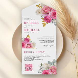 Fuchsia Hot Pink Rosen Florale QR-Code Hochzeit All In One Einladung