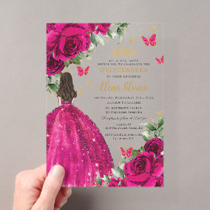 Fuchsia Hot Pink Rosen Florale Quinceañera Sweet 1 Acryleinladungen