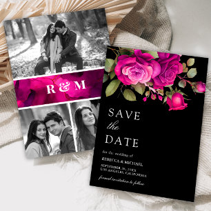 Fuchsia Hot Pink Rosen Foto-Collage Schwarze Hochz Save The Date