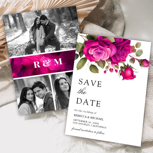 Fuchsia Hot Pink Roses Photo Collage Wedding Save The Date