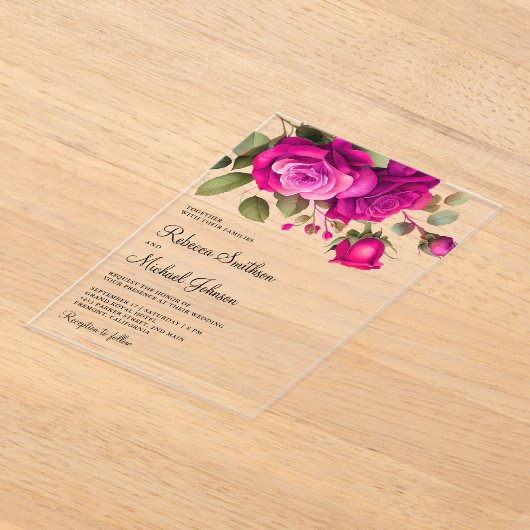 Fuchsia Hot Pink Roses Wedding Acryleinladungen (Ablage )
