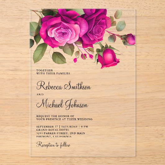 Fuchsia Hot Pink Roses Wedding Acryleinladungen (Vorderseite)