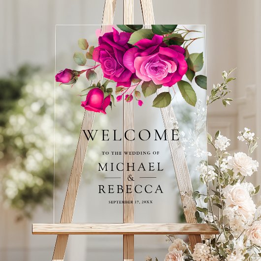 Fuchsia Hot Pink Roses Wedding Welcome Acrylschild