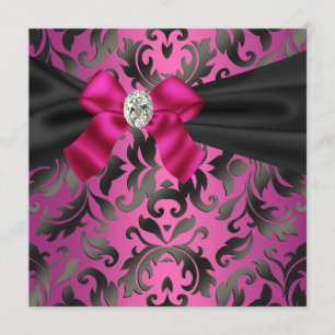 Fuchsia Hot Pink Schwarze Damast Party-Einladung Einladung