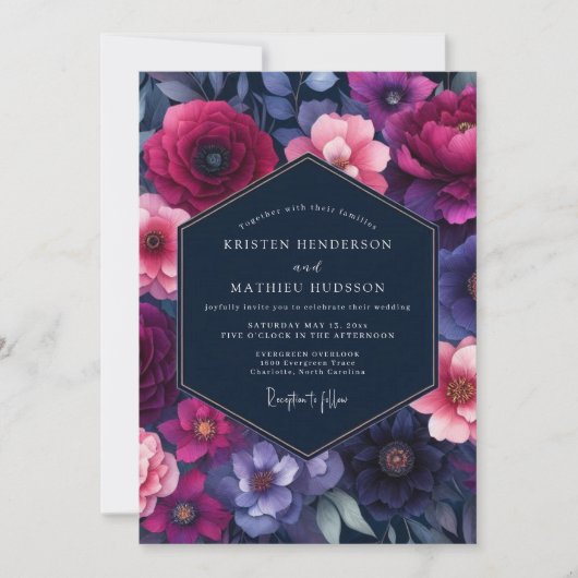 Fuchsia Indigo Bloom Hochzeit Einladung (Vorderseite)
