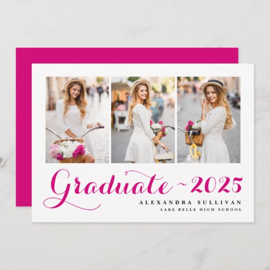 Fuchsia-Klasse 2025 Foto Collage Abschluss Einladung (Vorne/Hinten)