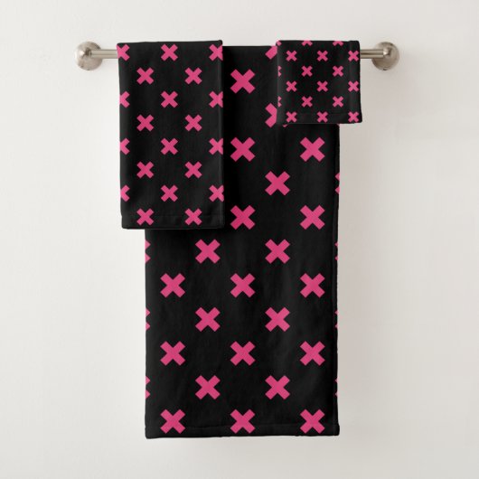 Fuchsia Kreuzstiche auf schwarz Badhandtuch Set (Insitu)