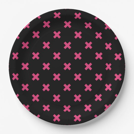 Fuchsia Kreuzstiche auf schwarz Pappteller (Vorderseite)