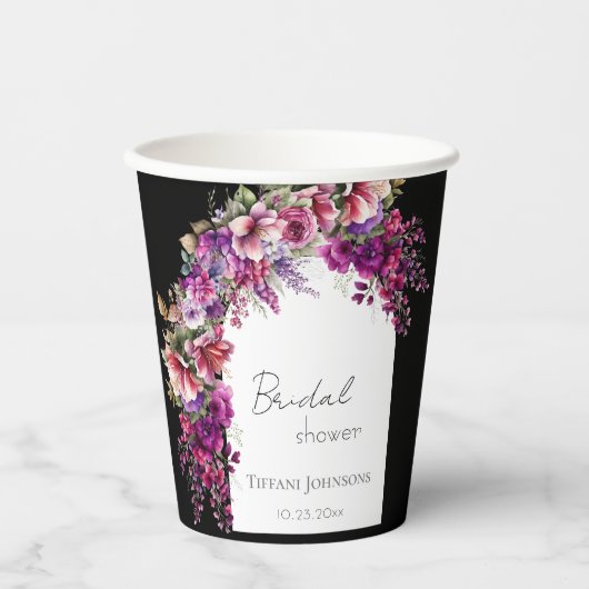 Fuchsia Lavender Floral Arch Brautparty Pappbecher (Vorderseite)