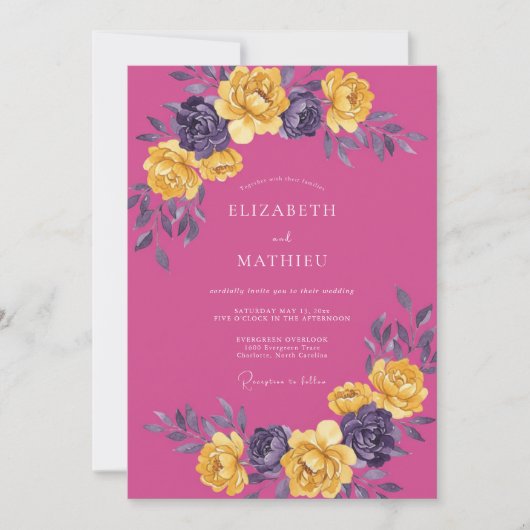 Fuchsia Lebendige Botanische Hochzeit Einladung (Vorderseite)