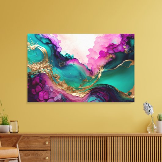 Fuchsia, Lila, Aquamarin & Goldmarmor Abstrakte Ku Leinwanddruck (Insitu (Wohnzimmer))
