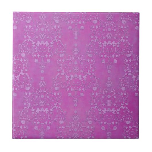 Fuchsia Lila Floral Damask Muster Fliese (Vorderseite)