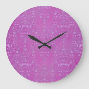 Fuchsia Lila Floral Damask Muster Große Wanduhr