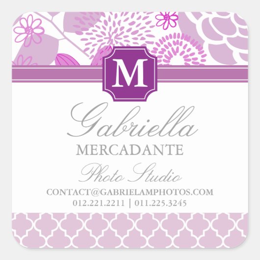 Fuchsia Lila Lilac Zickzack Floral Mit Monogramm Quadratischer Aufkleber (Vorderseite)