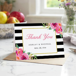 Fuchsia Lila Red Floral Black Stripes Vielen Dank Dankeskarte