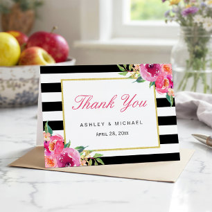 Fuchsia Lila Red Floral Black Stripes Vielen Dank Dankeskarte