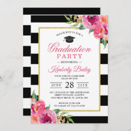 Fuchsia Lila Red Floral Stripes Graduation Party Einladung