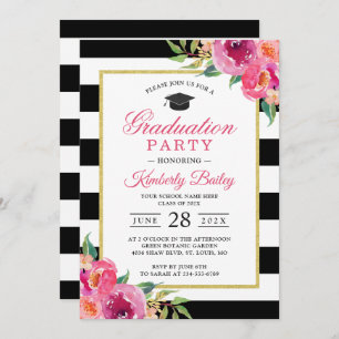 Fuchsia Lila Red Floral Stripes Graduation Party Einladung