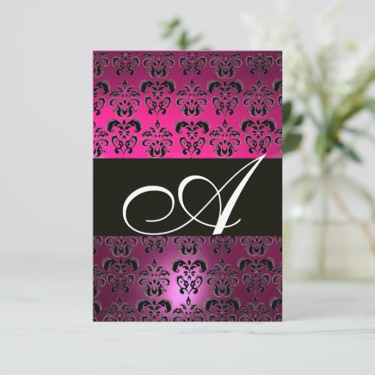 FUCHSIA LILA SCHWARZ-WEISSE DAMASK MONOGRAM UAWG RSVP KARTE (Stehend Vorderseite)