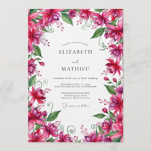 Fuchsia Lush Botanical Wedding Einladung (Vorderseite)