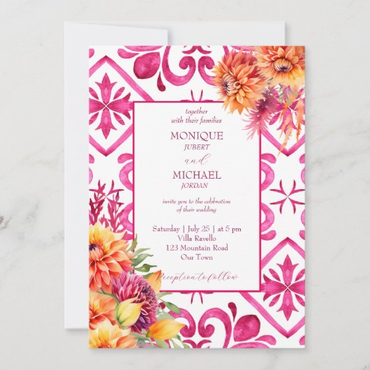 Fuchsia Majolica Fliesen orange dahlia alles in ei Einladung (Vorderseite)