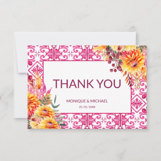 Fuchsia Majolica Fliesen Orange Dahlien Dankeskarte (Vorderseite)