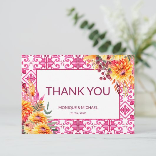 Fuchsia Majolica Fliesen Orange Dahlien Dankeskarte (Stehend Vorderseite)