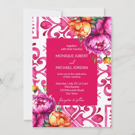 Fuchsia Majolica Fliesen Orangenbäume alle in eine Einladung (Vorderseite)