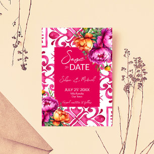 Fuchsia Majolica Fliesen Orangenbäume Hochzeit Save The Date
