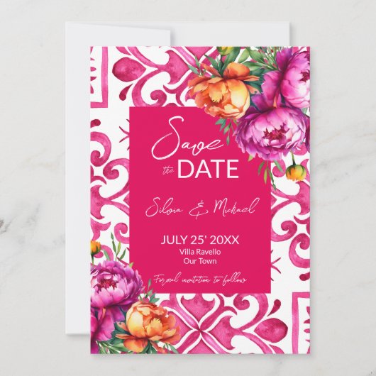 Fuchsia Majolica Fliesen Orangenbäume Hochzeit Save The Date (Vorderseite)