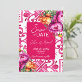 Fuchsia Majolica Fliesen Orangenbäume Hochzeit Save The Date (Stehend Vorderseite)